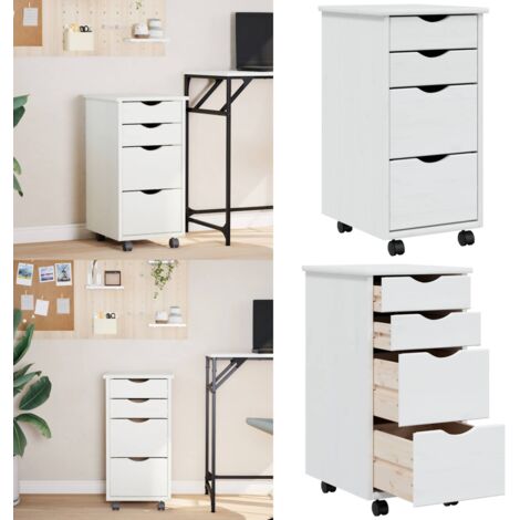 Armoire roulante avec tiroirs MOSS blanc bois de pin solide - Meuble Roulant - Commode - Classement - Rangement - Tiroir - Home & Living