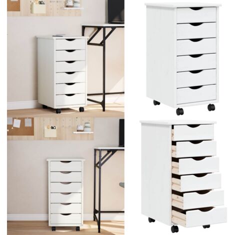 Armoire roulante avec tiroirs MOSS blanc bois de pin solide - Meuble Roulant - Commode - Classement - Rangement - Tiroir - Home & Living