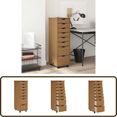 Armoire roulante avec tiroirs MOSS bois de pin marron miel - Meuble Roulant - Commode - Classement - Rangement - Tiroir