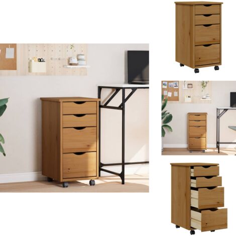 Armoire roulante avec tiroirs MOSS bois de pin marron miel - Meuble Roulant - Commode - Classement - Rangement - Tiroir