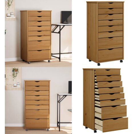 Armoire roulante avec tiroirs MOSS bois de pin marron miel - Meuble Roulant - Commode - Classement - Rangement - Tiroir - Home & Living