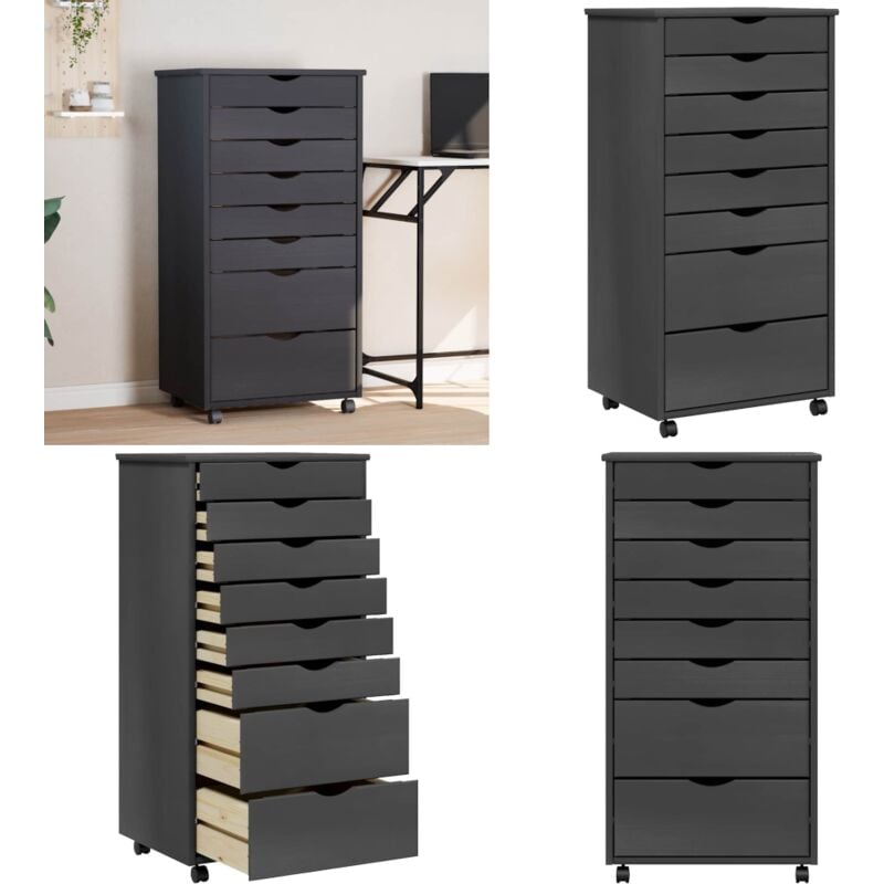 Armoire roulante avec tiroirs moss gris bois de pin solide - Meuble Roulant - Armoire Mobile - Commode Tiroir - Classement Document - Rangement