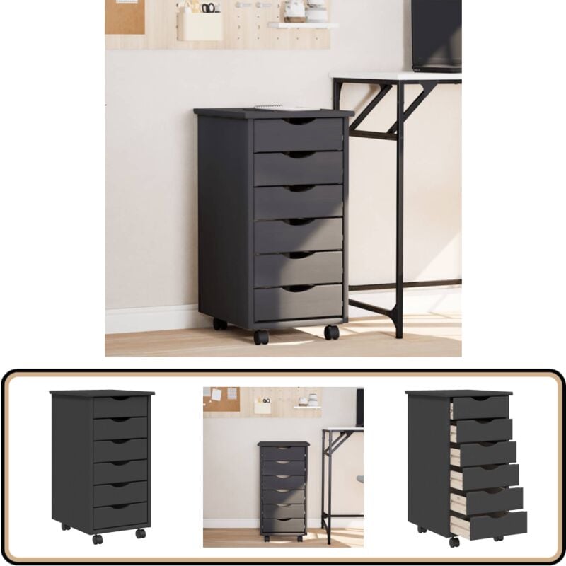 Armoire roulante avec tiroirs moss gris bois de pin solide - Meuble Roulant - Commode - Classement - Rangement - Tiroir