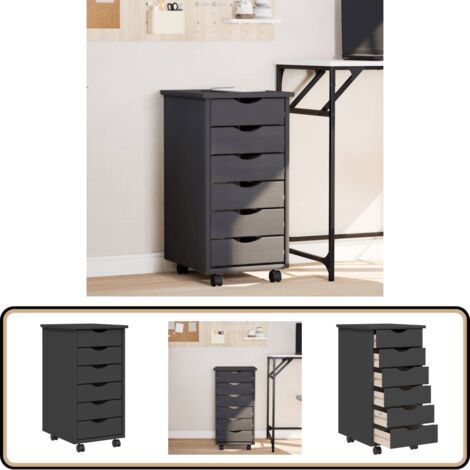 Armoire roulante avec tiroirs MOSS gris bois de pin solide - Meuble Roulant - Commode - Classement - Rangement - Tiroir