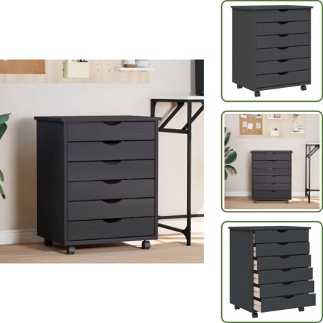 Armoire roulante avec tiroirs MOSS gris bois de pin solide - Meuble Roulant - Commode - Classement - Rangement - Tiroir