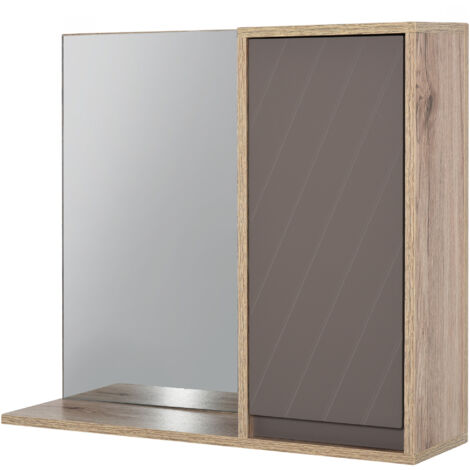 Armoire salle bain meuble auxiliaire mural fixé miroir porte étagère réglable style moderne, 57x14,2x49,2 cm, chêne/gris
