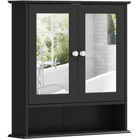 Armoire salle bain meuble mural miroir 2 portes étagère ouverte réglable, 56x13x58 cm, noir