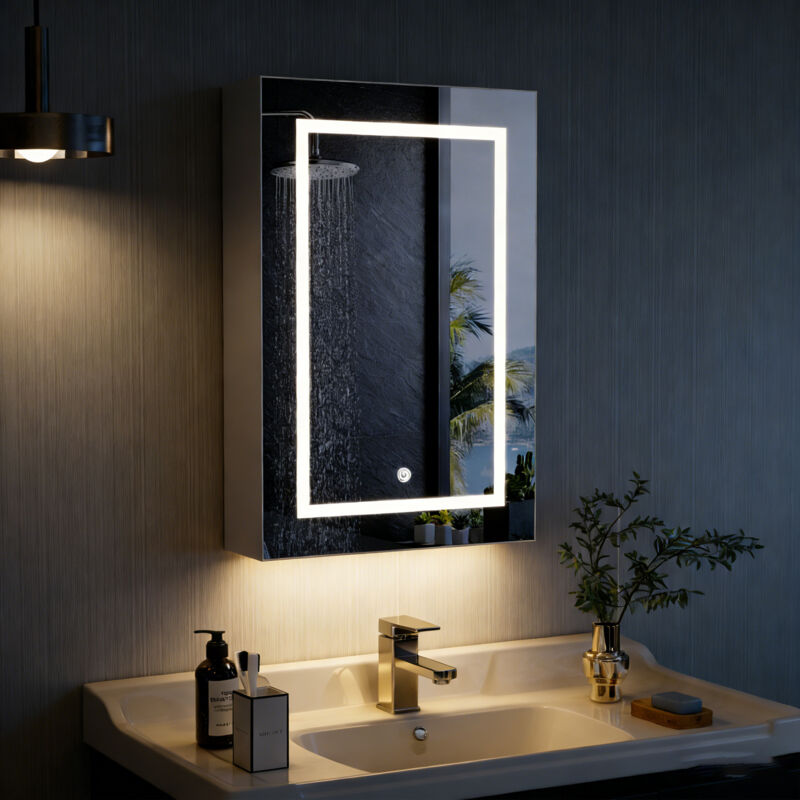 Armoire Salle de Bain avec Miroir et Éclairage LED Orientable, Armoire de Toilette avec Espace de Rangement Ouvert et Étagère Réglable, 50 x 12,5 x