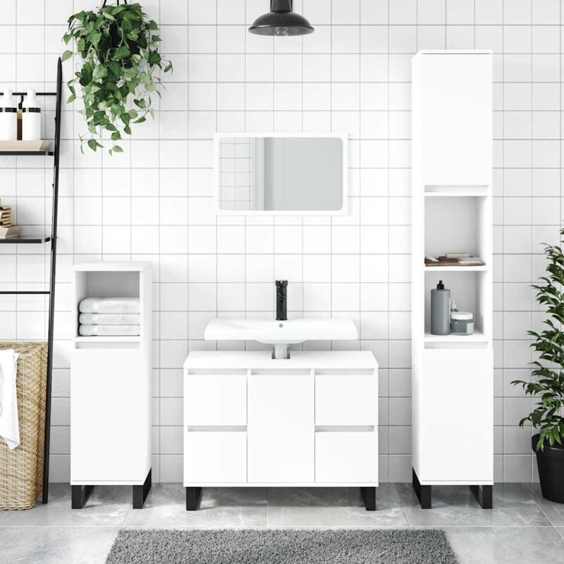 Vidaxl – Armoire murale de salle de bain blanc 80x33x60 cm – Bois d'ingénierie résistant à l'humidité – 4 tiroirs et porte réversible – Pieds en fer