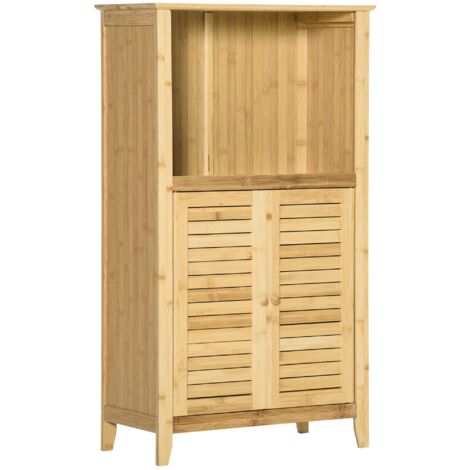 Armoire salle de bain en bambou avec 2 portes persiennes et étagère ouverte, meuble de rangement pour salle de bain et salon, 50x25,5x92 cm, naturel