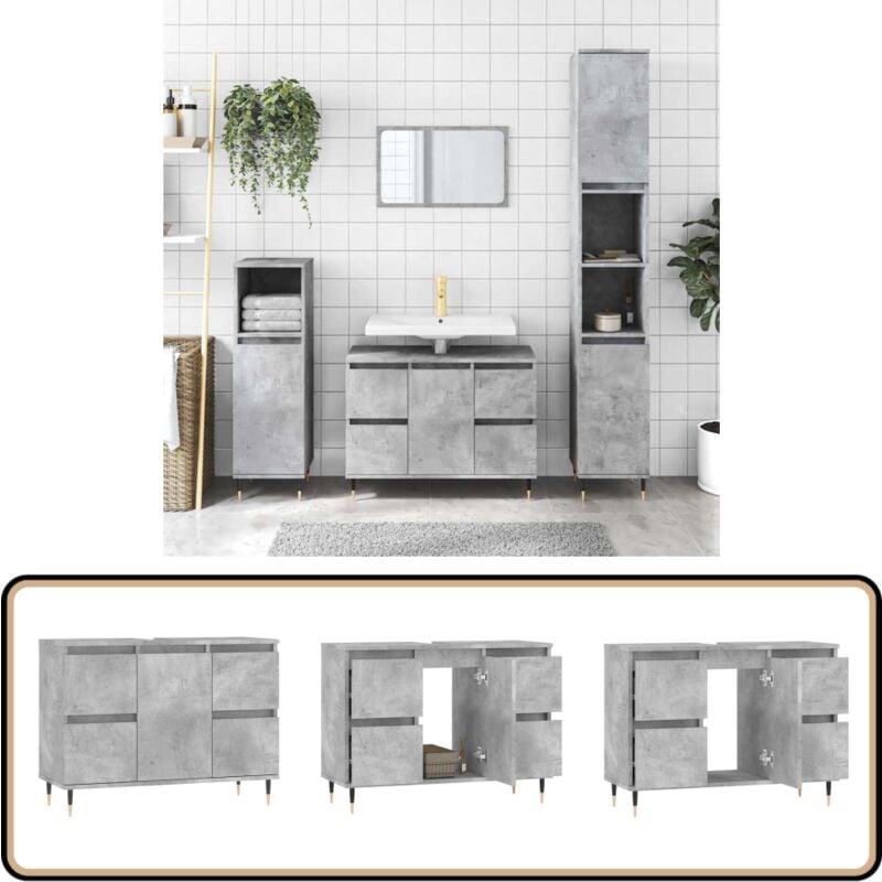 Armoire salle de bain gris béton 80x33x60cm bois d'ingénierie - Meuble De Salle De Bain - Armoire Salle De Bain - Rangement Salle De Bain - Commode