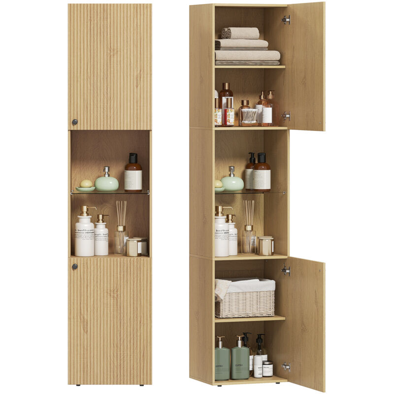Armoire salle de bain haute, meuble de rangement colonne 6 niveaux 2 portes et étagères réglables, 40x31x182cm, chêne-Chêne