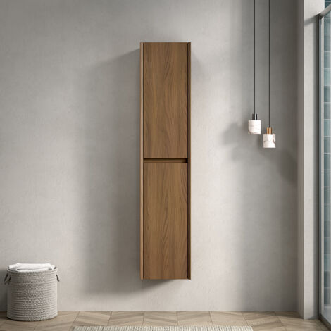 Armoire salle de bain hauteur 140 cm - Meuble rangement étroit 2 portes avec compartiments intérieurs - Chêne