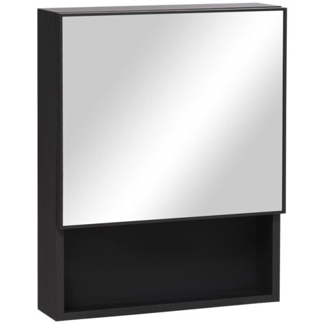 Armoire salle de bain miroir mural inox 46x13,5x58 cm - 2 étagères intérieures + tablette verre ouverte - Rangement compact et moderne - Noir