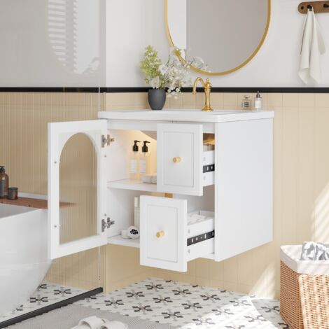 Armoire salle de bain murale identique,lavabo céramique,LED,porte verre cannelé,poignées métalliques et fermeture douce noir et blanc.