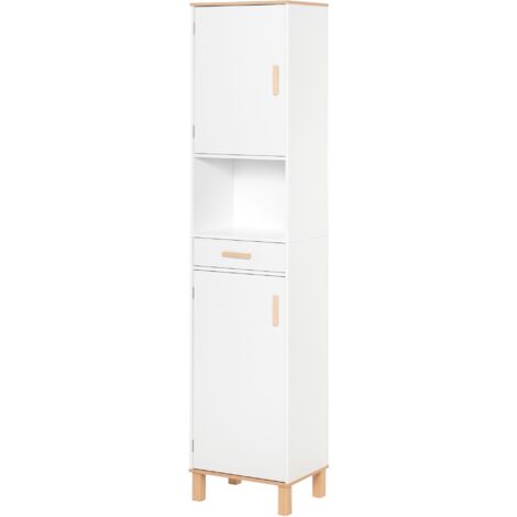 Armoire Salle de Bain sur Piédestal, Placards et Tiroir, 39 x 30 x 180 cm, Blanc