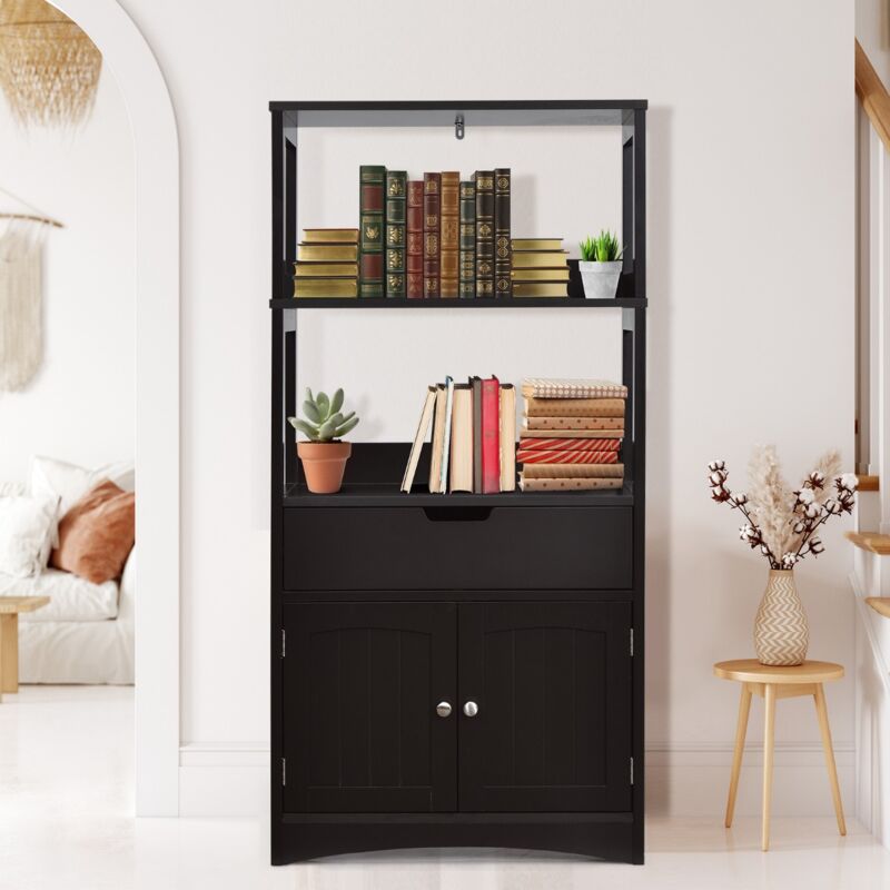 Armoire Salle de Bain Tiroir 2 Étagères Ouvertes Double Porte Noir CW48800