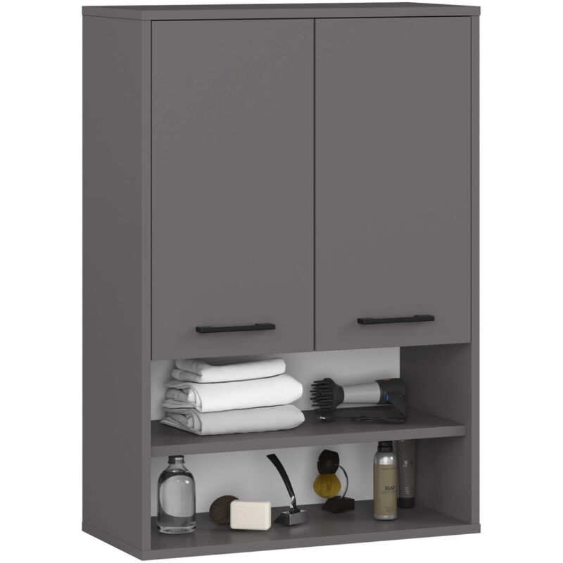 Akord - Armoire salle de bains suspendue fin Gris Graphite 64 cm 2 portes façade Gris Graphite 4 étagères 64x30x94 cm