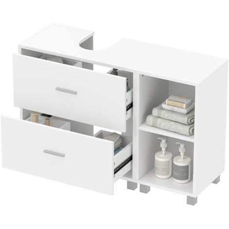 Armoire sous lavabo 2 tiroirs étagères ouvertes bois blanc 90x30x60 cm