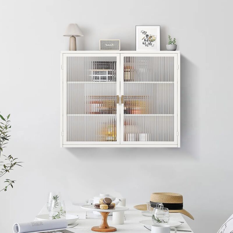 Armoire suspendue 70 cm, avec 2 portes en verre, 2 étagères, poignée en métal, style Scandinave, armoire de cuisine murale, salon - Blanc