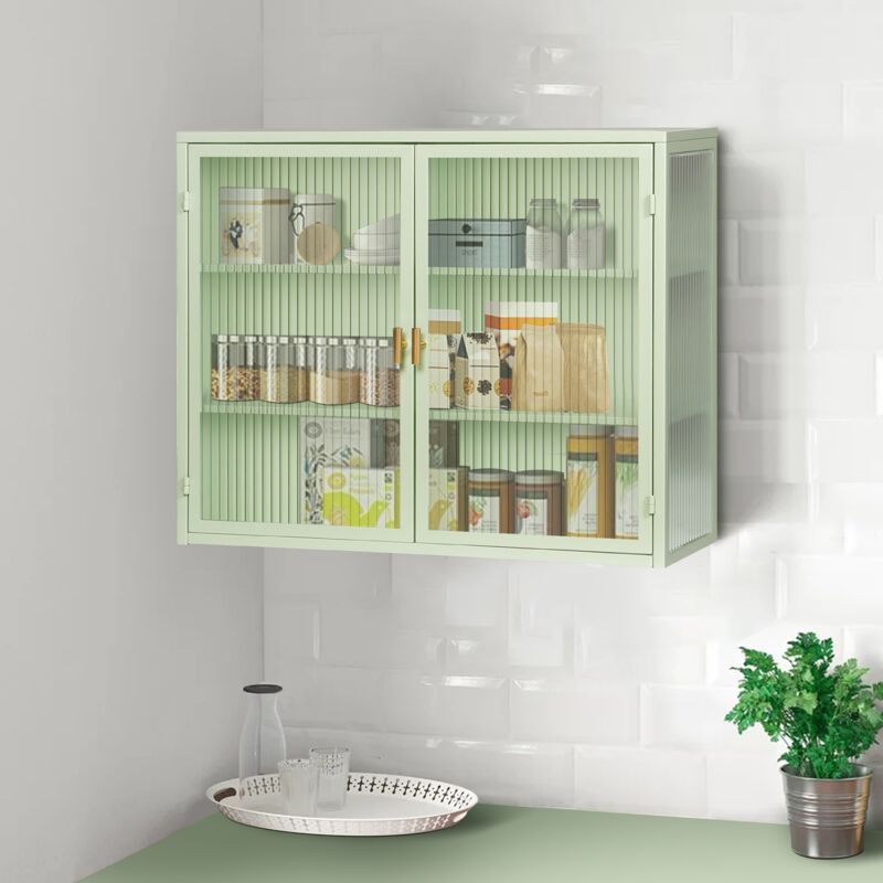 Armoire suspendue 70 cm, avec 2 portes en verre, 2 étagères, poignée en métal, style Scandinave, armoire de cuisine murale, salon - Vert