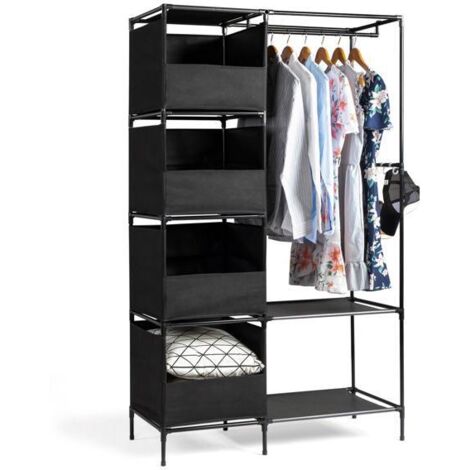 Armoire suspendue à 4 niveaux et double rangée avec rideaux et compartiments de rangement – ​​Placard en tissu non tissé (10545170cm, Noir)