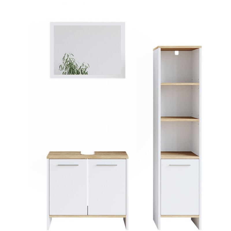Vicco - Ensemble de meubles de salle de bain Elvio, Blanc, 3 pièces, avec armoire haute