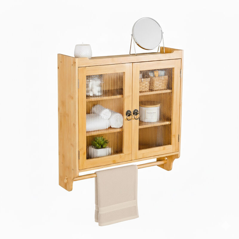 Armoire suspendue Relaxdays en bambou avec porte-serviettes, 2 portes, HBT : 63 x 60 x 18 cm, murale, naturelle
