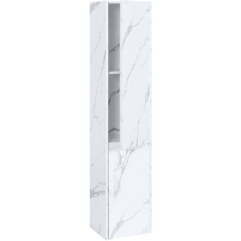 Armoire suspendue HHG-630, Armoire de salle de bain Highboard Hochschrank, MVG mélamine 2 portes 3 compartiments 160x33cm, aspect marbre blanc