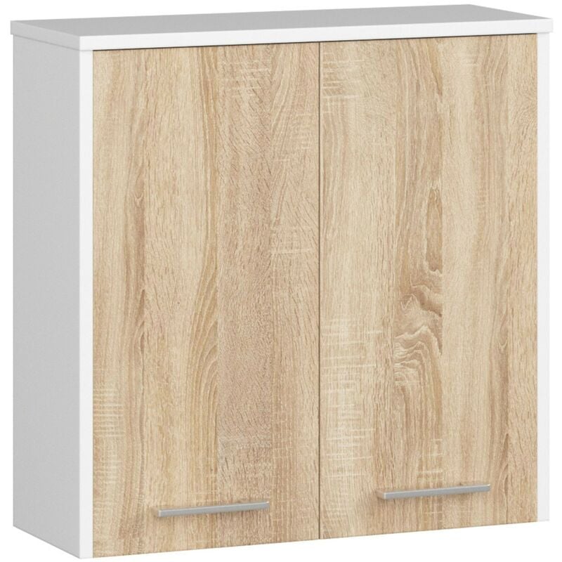 Abamihome - Armoire salle de bains akord fin accr. au mur Blanche 60 cm 2 portes façade Chêne Sonoma 2 étagères 60x22,5x60 cm