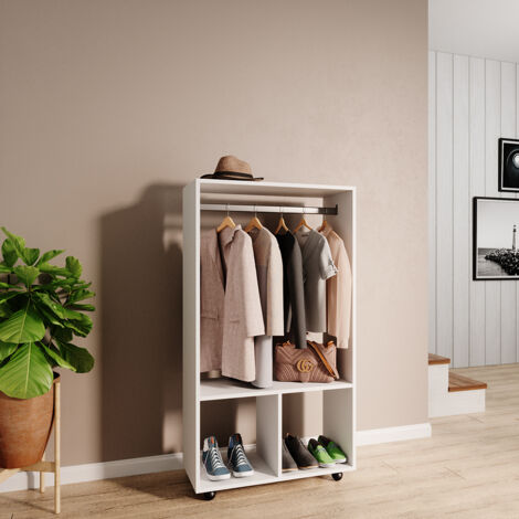 Vicco – Armoire penderie Sydney blanche 70 cm x 128 cm – Panneaux de particules 16 mm – Revêtement mélamine – Avec roues pour mobilité