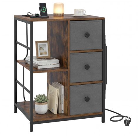 armoire table de chevet lit bout de canapé tiroir en tissu métal industriel multiprise prise secteur station de charge salon chambre meuble petit es