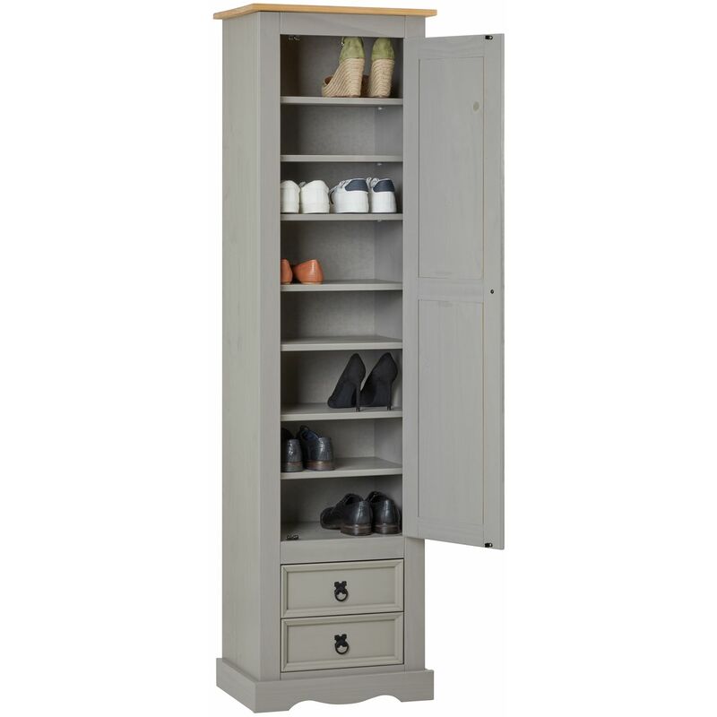 Armoire tequila avec 1 porte et 2 tiroirs, en pin massif lasuré gris et brun
