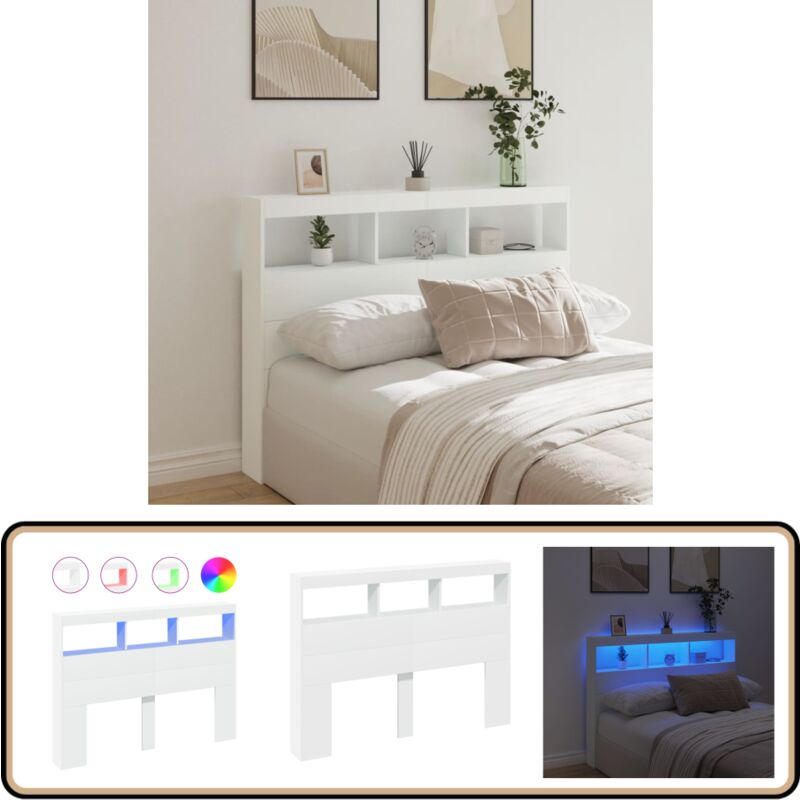 Armoire tête de lit avec led blanc 140x17x102 cm - Tête De Lit Led - Meuble De Chambre - Éclairage Led - Rangement Tiroir - Support Lombaire