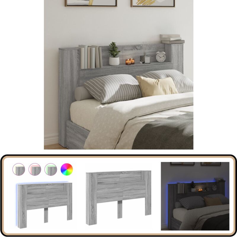 Vidaxl - Armoire tête de lit avec led sonoma gris 160x16,5x103,5 cm - Tête De Lit Led - Meuble De Chambre - Éclairage Led - Rangement Nuit - Support