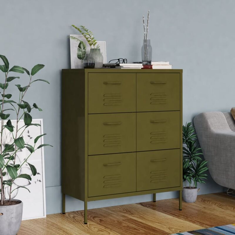 Armoire à tiroirs Commode de chambre Armoire de rangement Vert olive 80x35x101,5 cm Acier 71630