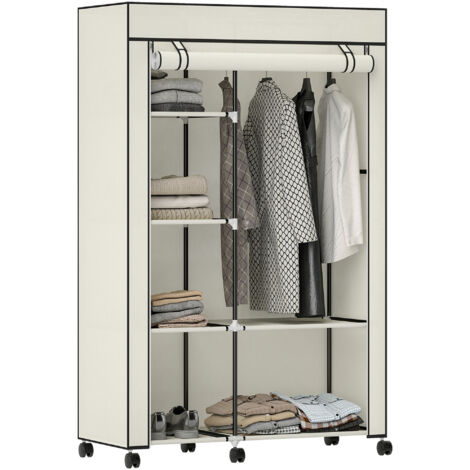 Armoire tissu 6 roulettes tringle étagères ouvertes 103x43x162,5 cm meuble dressing crème rangement