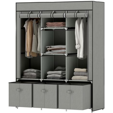 Armoire tissu pliable avec penderie, tiroirs, fermeture éclair, rangement chambre gris clair