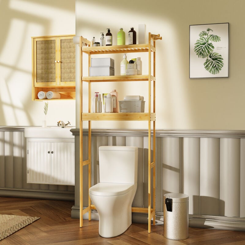Unho - Armoire Toilette Haute en Bamboo Naturel, Meuble de salle bain Solide, 3 Étagères Réglable de Rangement Rustique Cuisine Salon - 63 x 26 x 170