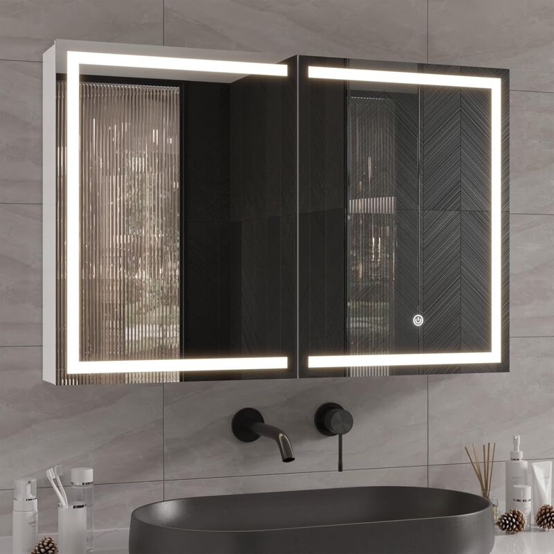 Frhnenha - Armoire Toilette Miroir avec éclairage led et Prise, Métal Armoire de Toilette avec Miroir, Blanc, 90x13.5x60cm