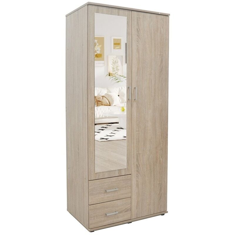 Meublorama - Armoire tom 2 portes avec miroir coloris chêne sonoma