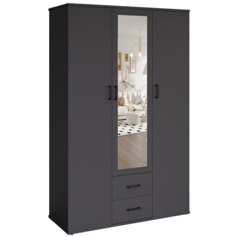 Armoire TOM – 3 portes – Coloris gris anthracite – Penderie + étagères – L120 cm – Design