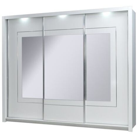 Armoire trois portes coulissantes PANAREA. Miroirs inclus. Eclairage LED intégré. Finition chrome. Mobilier design - Blanc