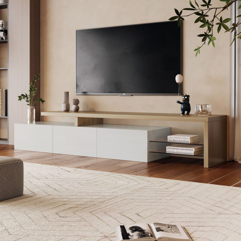 Sureh – Armoire TV 200cm avec éclairage LED – Design creux élégant en blanc et bois – Rangement optimisé pour téléviseurs jusqu'à 75 pouces