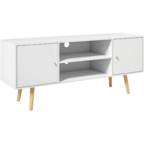 Armoire TV 55" max avec 2 placards avec portes et 2 étagères ouvertes, console TV en bois et panneau en carton, 120x34x50 cm, blanc