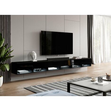 Armoire TV ALYX 300 cm – Lowboard avec éclairage LED noir/noir brillant – Dimensions L300 x H34 x P32 cm – Convient pour téléviseurs moyens et grands – Furnix