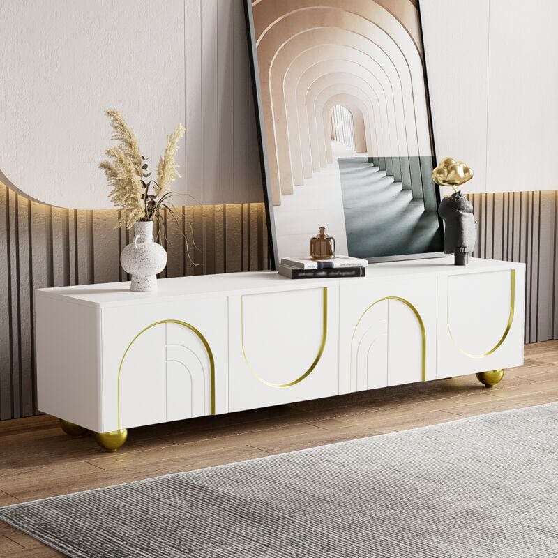 Armoire tv Basse,Banc tv Elégant avec 4 Portes Structurées,Décoration Dorée,Pieds Ronds Dorés,170 x 38 x 44cm,Blanc