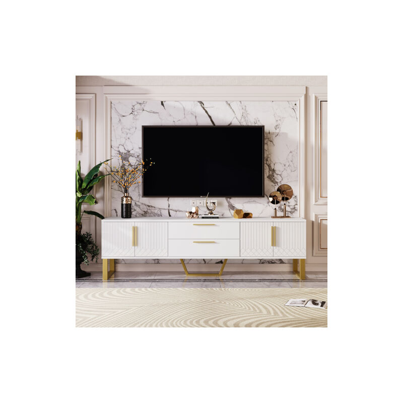 Armoire TV haute brillance: plancher, poignées et pieds dorés, portes sculptées, solutions de rangement pour le salon, une combinaison parfaite