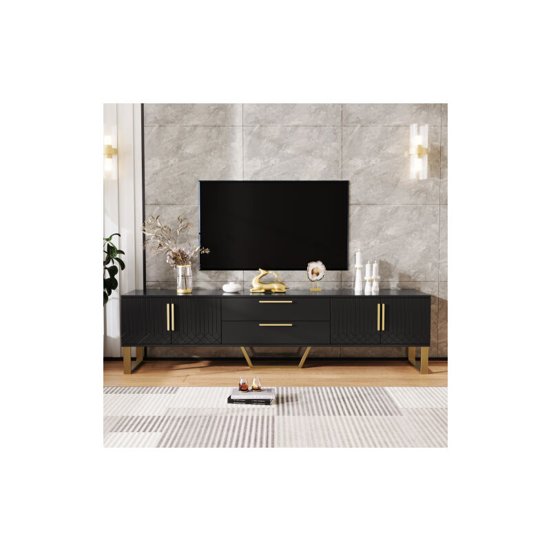 Armoire TV haute brillance: plancher, poignées et pieds dorés, portes sculptées, solutions de rangement pour le salon, une combinaison parfaite