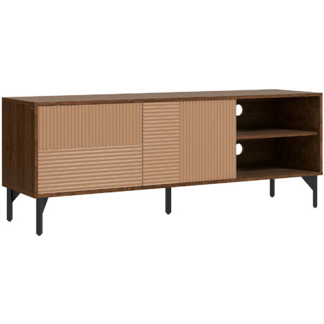 Armoire TV jusqu’à 65" avec 2 armées et compartiments ouverts, armoire basse avec trous pour câbles en bois, 150x40x56cm, marron